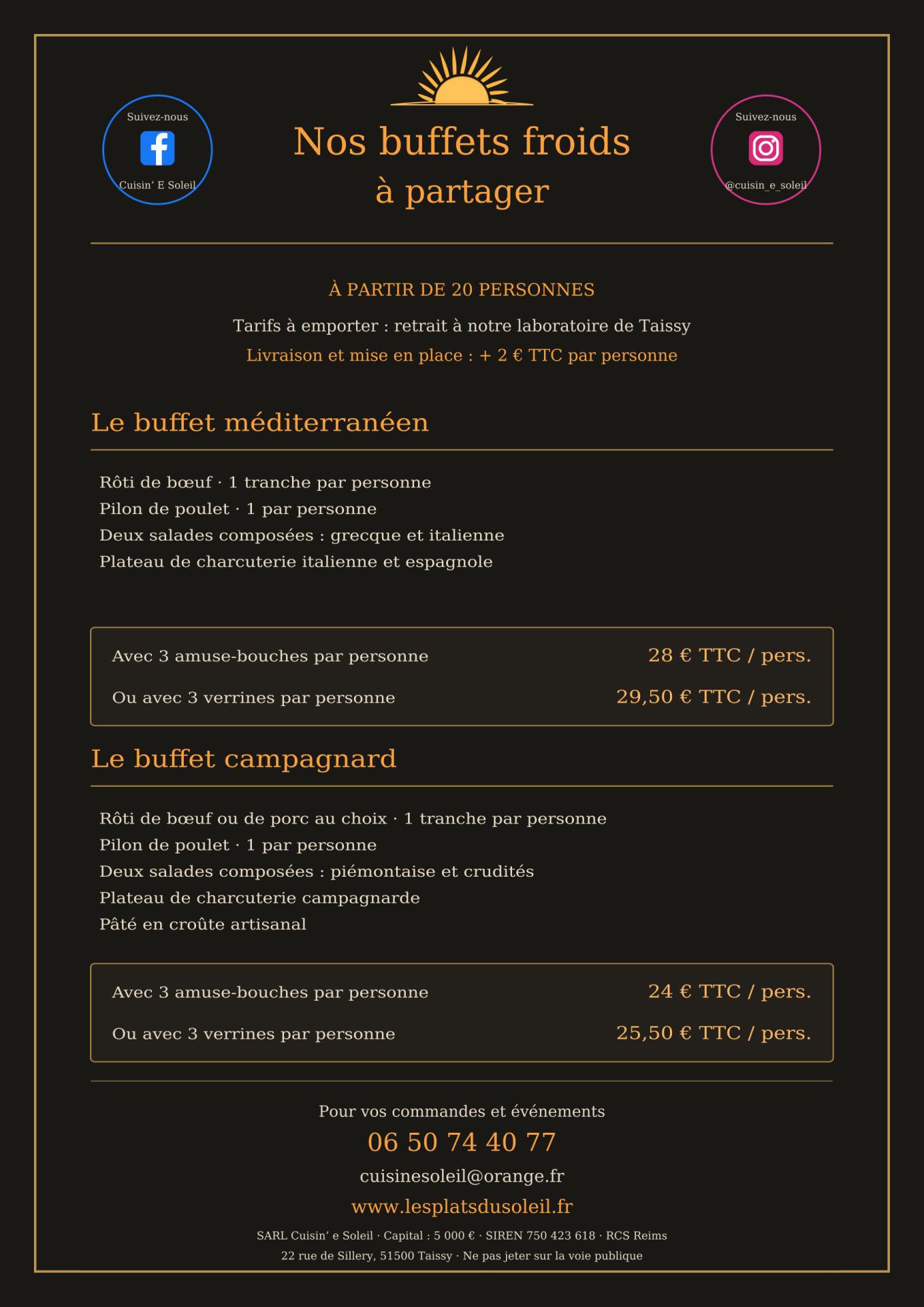 Carte traiteur Cuisin’ E Soleil : buffets froids et tarifs